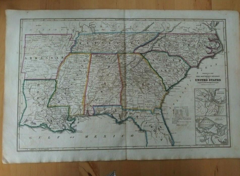 1843 Political Map Of The Southern Division of the United States....Woodbridges
