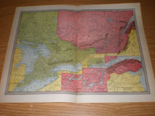 Original 1904 Color Atlas Map of Ontario and Quebec Canada 10x13 antique