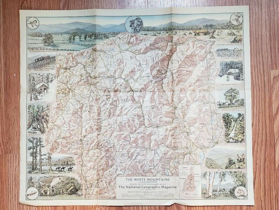 Original July 1937 The White Mountains of New Hampshire Map National Geographic
