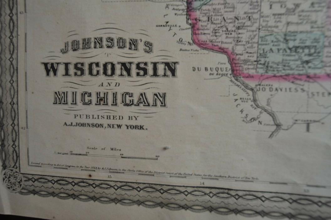 1864 WISCONSIN - MICHIGAN Atlas Map ~ Old Antique Original Map-Hand Colored