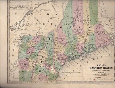 1843 Original Map of Upper New England  Maine NH Vermont by Smith's Geography