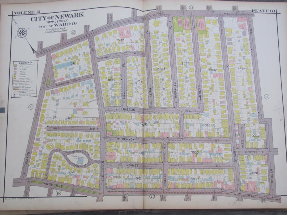 Antique 1926 Map Of Newark New Jersey Ward 16 Church Of The Blessed Sacrament