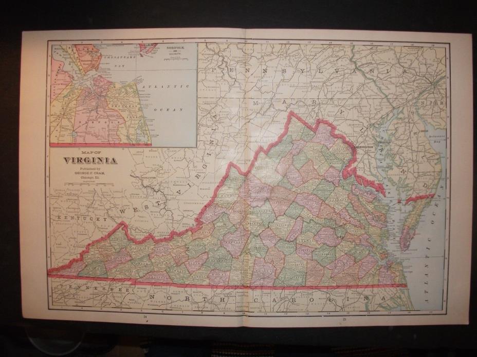 1908 Virginia Map from Cram's Atlas Map 14 inch x 23 inch Color M29
