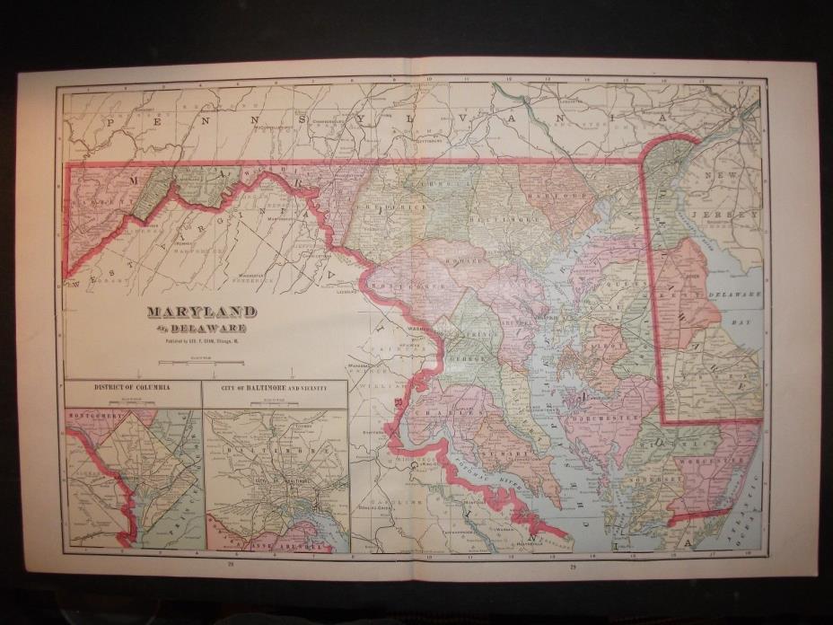 1908 Maryland Delaware Map from Cram's Atlas Map 14 inch x 23 inch Color M28