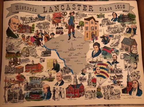 VERY RARE 1966 Historic LANCASTER PA MAP SINCE 1618 (NEW). 52 YEARS OLD!!!