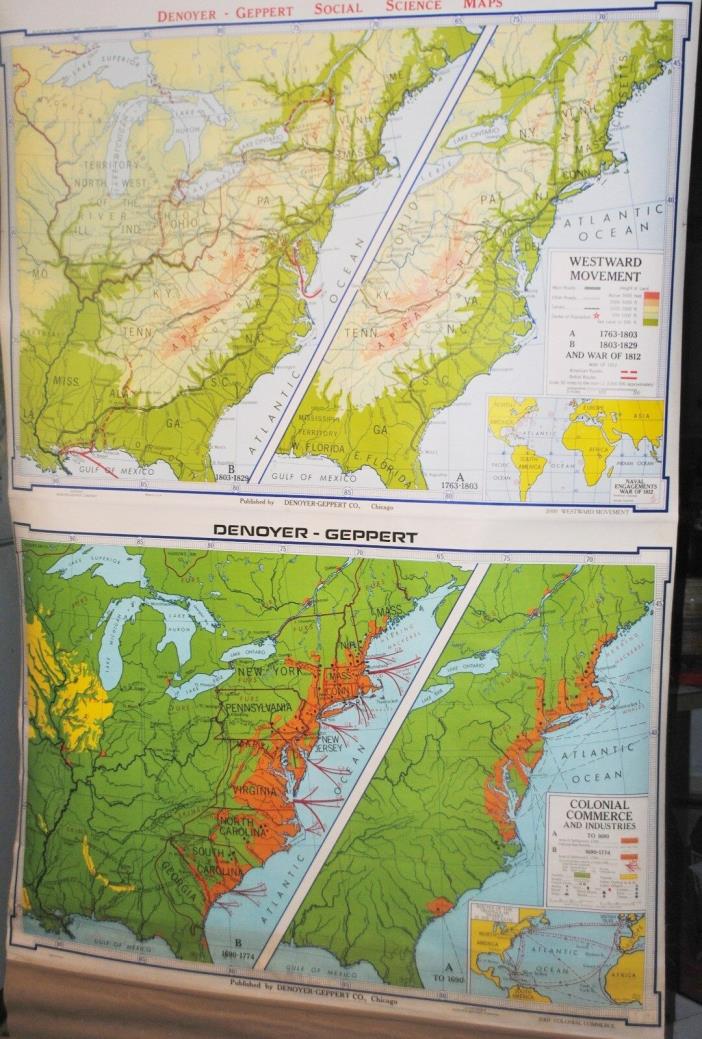 Denoyer-Geppert Westward Movement 1763-1829 & Colonial Industies Map,SHIPS FREE