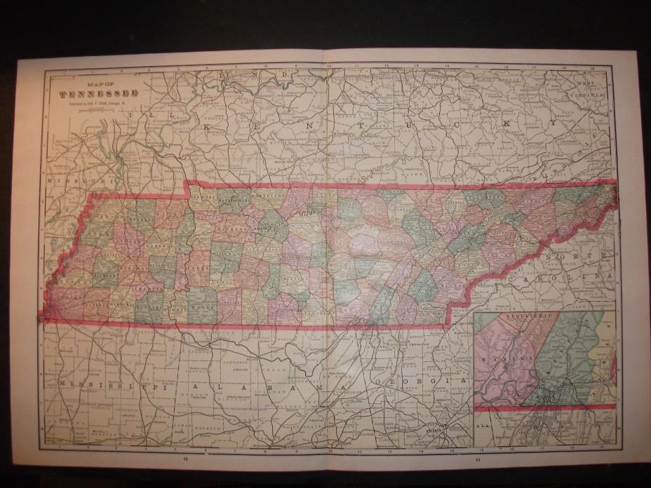1908 Tennessee Map from Cram's Atlas Map 14 inch x 23 inch Color M33