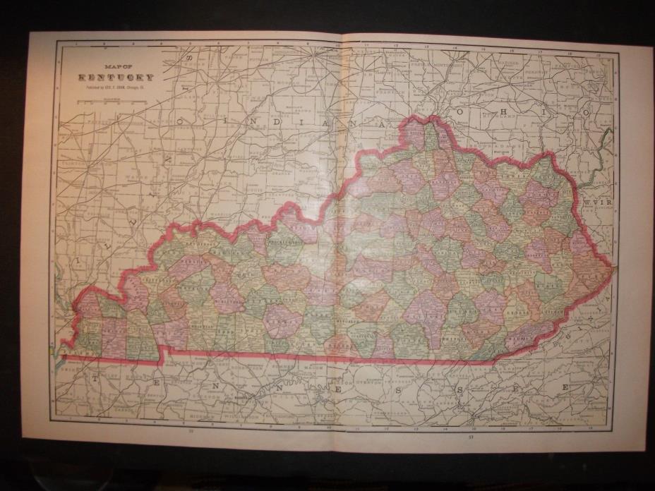 1908 Kentucky Map from Cram's Atlas Map 14 inch x 23 inch Color M34