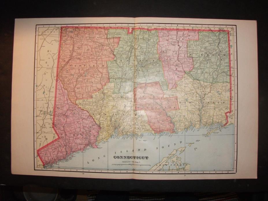 1908 Connecticut Map from Cram's Atlas Map 14 inch x 23 inch Color M30