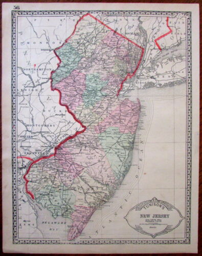 New Jersey state Atlantic Ocean coast nice 1892 Tunnison antique map decorative
