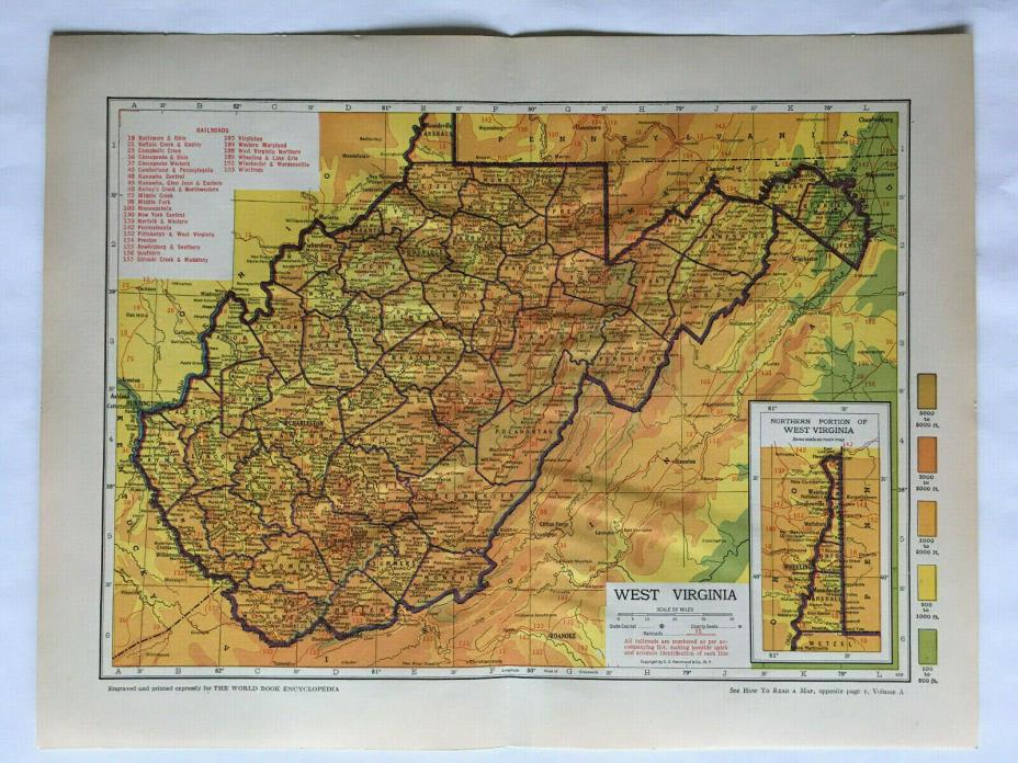 Vintage Map of West Virginia from 1938 Edition of World Book Encyclopedia
