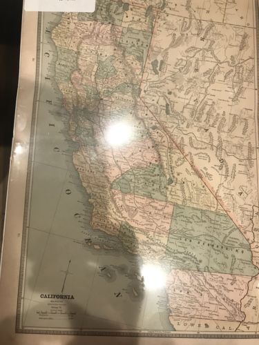1885 Map of California CA by Cram ~ Full Color Lithograph Engraving + Nevada