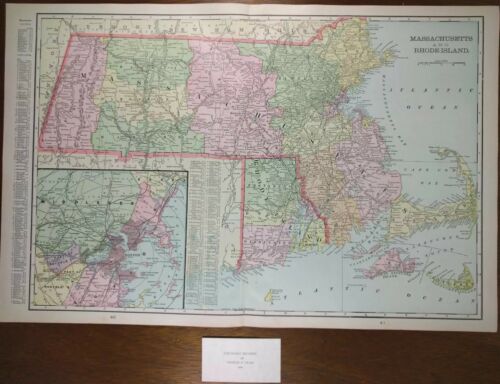 Vintage 1900 MASSACHUSETTS RHODE ISLAND Map Old Antique MYSTIC FOXBORO MAPZ