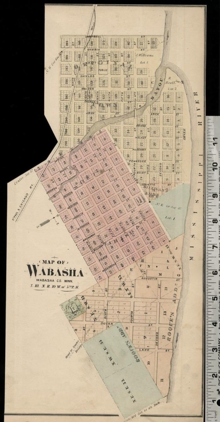 Wabasha, Minnesota: Authentic 1874 Hand Colored Street Map (Irreg. Shape)