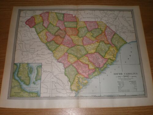 1904 Old Color Map South Carolina Charleston Columbia antique vintage