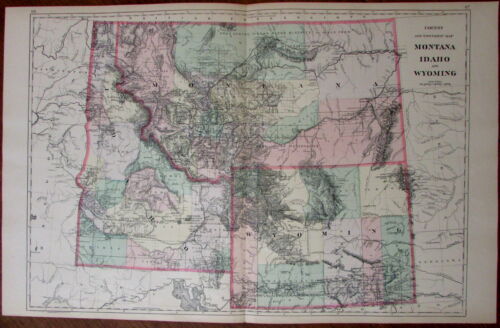 Montana Idaho Wyoming western US 1887 large detailed fine antique map hand color