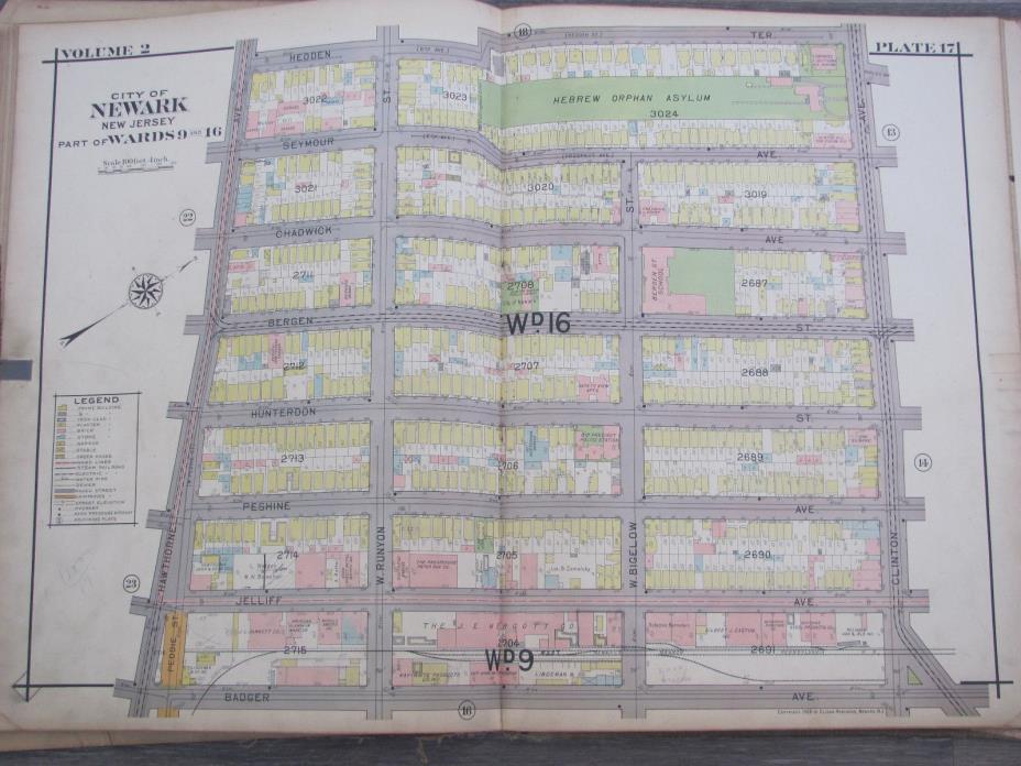 Antique 1926 Map Of Newark New Jersey Wards 9 & 16 6th Street Police Station