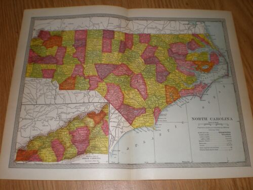 Old Original 1904 Color Map North Carolina Wilmington Greensboro vintage antique