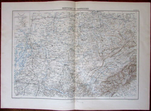 Kentucky Tennessee Nashville area Louisville Civil War 1880's detail antique map