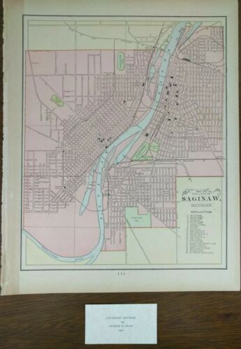 Vintage 1900 SAGINAW MICHIGAN Map Old Antique BAY CITY MIDLAND FREELAND MAPZ