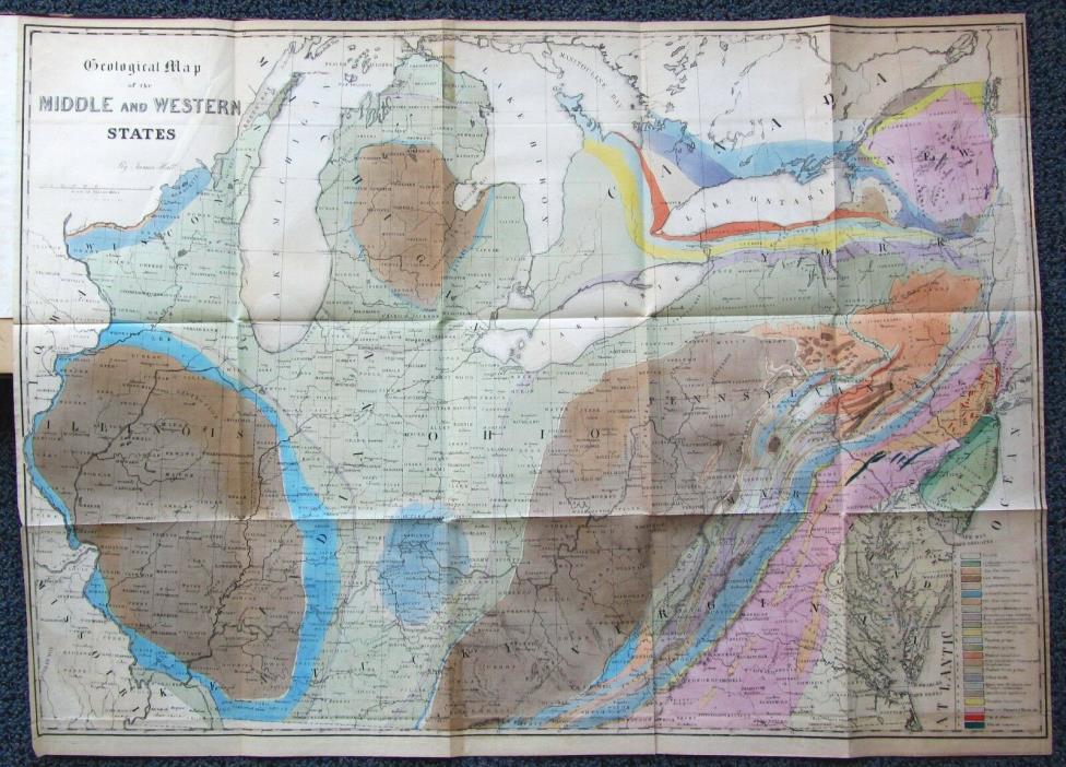 1843 JAMES HALL MAP GEOLOGICAL MAP OF MIDDLE AND WESTERN STATES NYS NATL HISTORY
