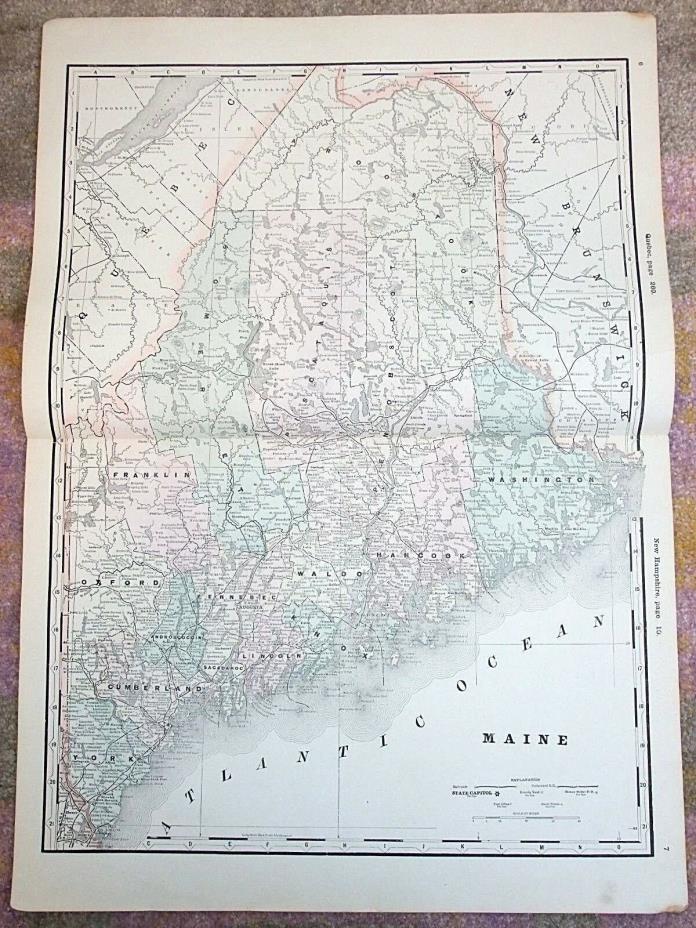 Antique 1890 Map, MAINE State, Original Vintage Atlas Map, 17.5