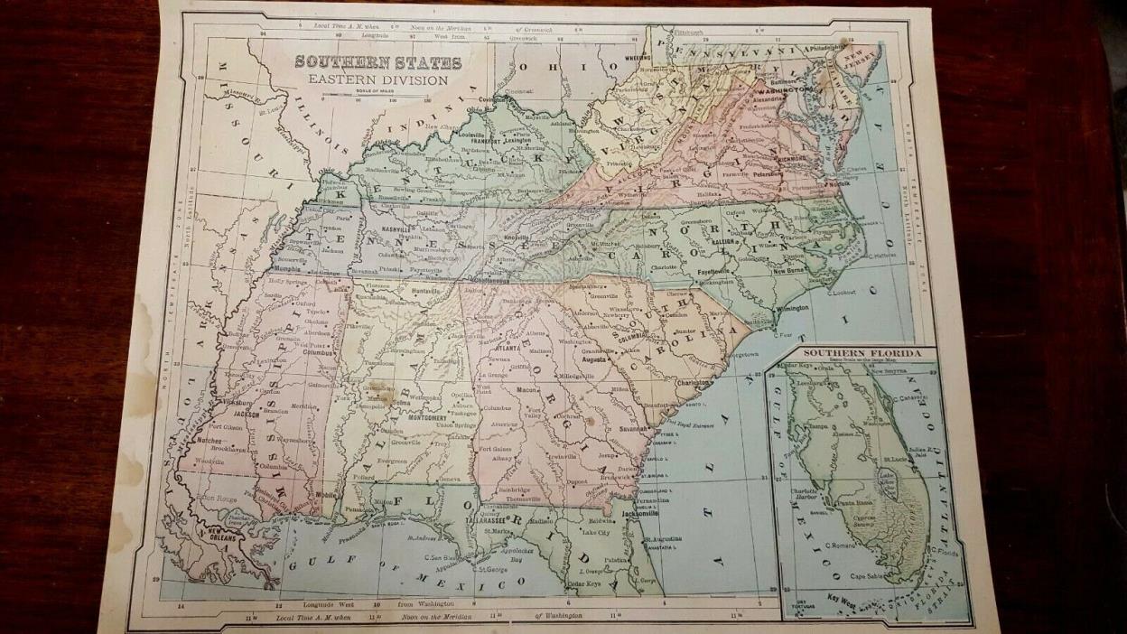 Original 1880 color Map of Southern United States Easter Division