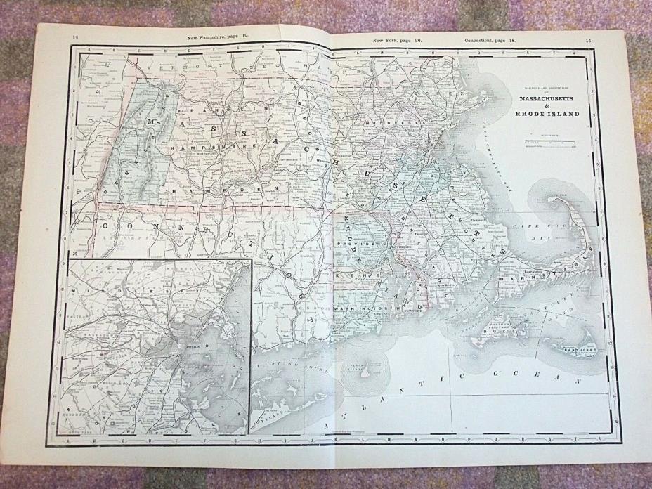 Antique 1890 Map, MASSACHUSETTS & RHODE ISLAND, Original Vintage Atlas, Railroad