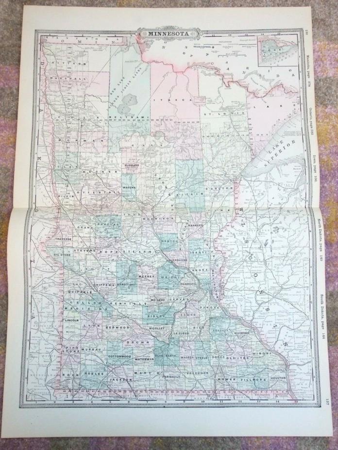 Antique 1890 Map, MINNESOTA State, Original Vintage Atlas Map, 17.5