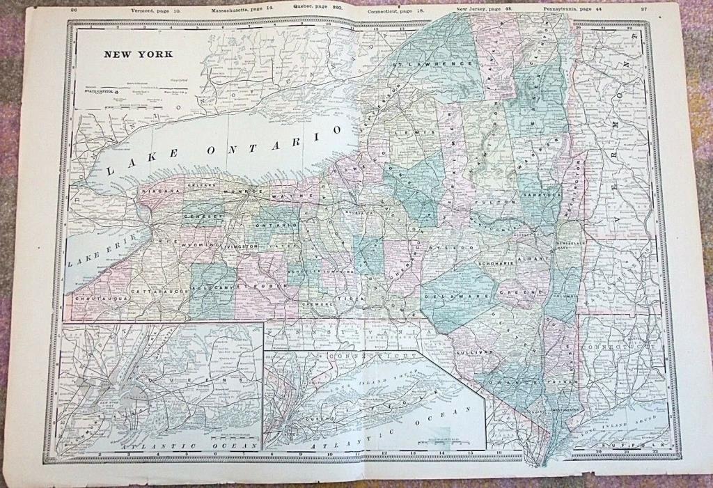 Antique 1890 Map, NEW YORK State, Original Vintage Atlas Map, 17.5