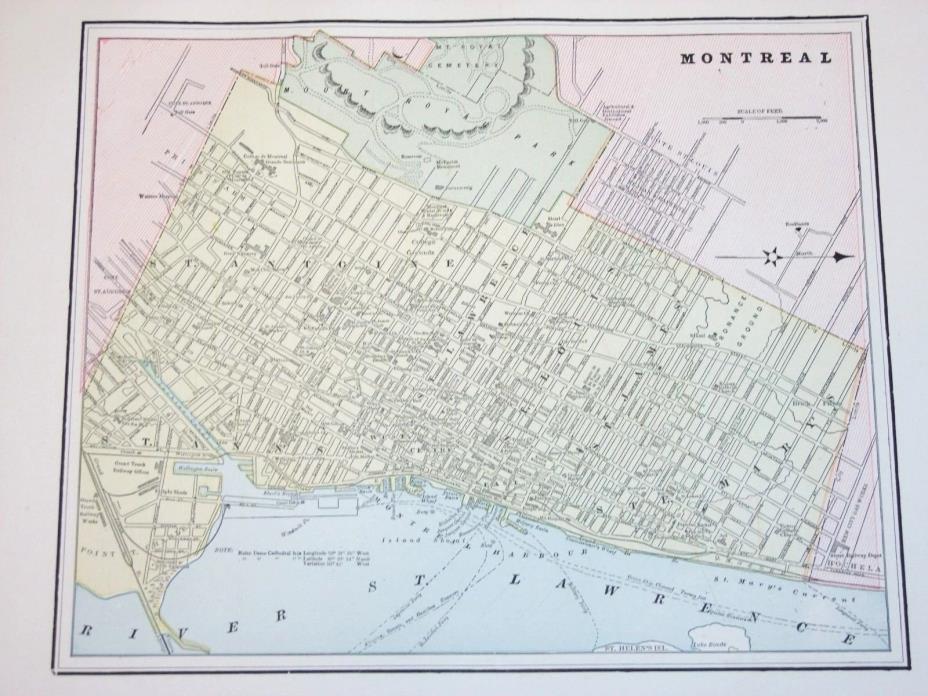 Antique 1890 City Map MONTREAL Quebec, Original Vintage Atlas Map, 12.75