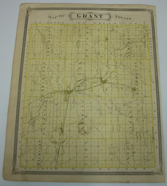 Antique 1876 Indiana Map Atlas Grant Co. Marion Jonesboro Harrisburg Fairmount