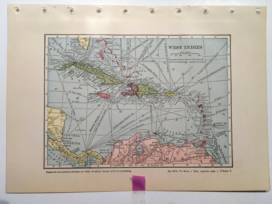Vintage Map of West Indies from 1938 Edition of World Book Encyclopedia