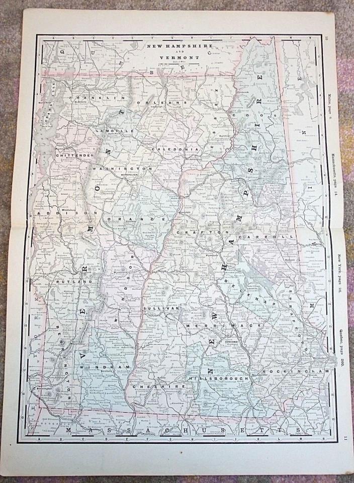 Antique 1890 Map, NEW HAMPSHIRE & VERMONT, Original Vintage Atlas 17.5