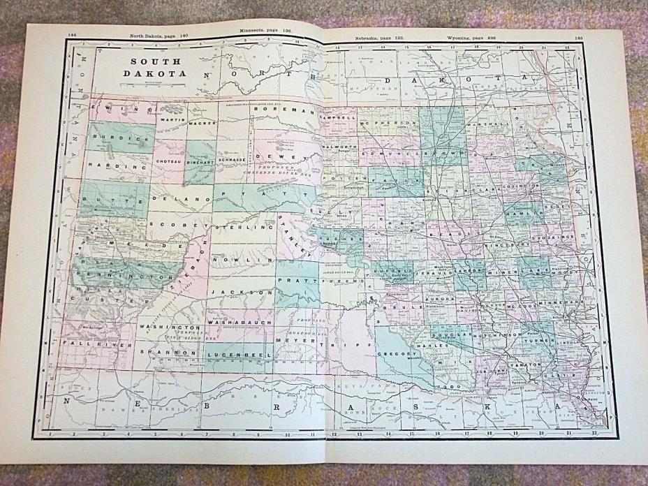 Antique 1890 Map, SOUTH DAKOTA State, Original Vintage Atlas Map, 17.5