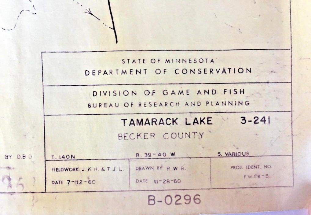 State of MN Dept of Conservation Div of Game and Fish Map 1960 Tamarack Lake