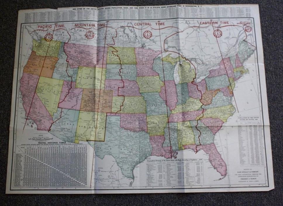 Vintage 1920 Map of the United State w/Time Zones Rand McNally & Co