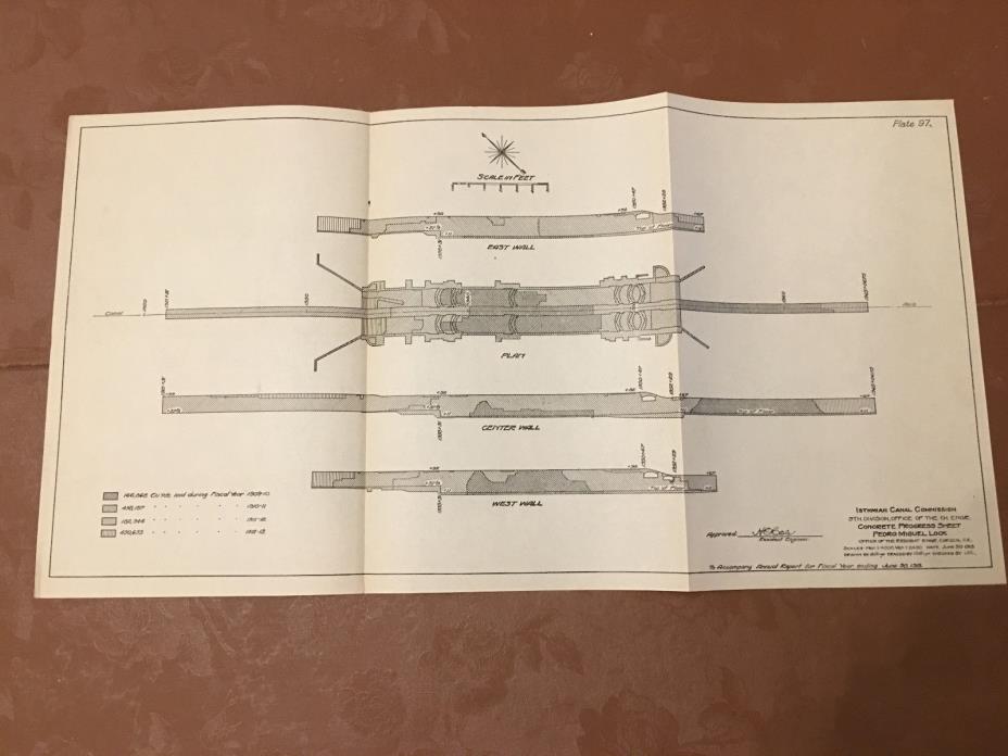 1913 Panama Canal Sketch Diagram Concrete Progress Sheet Pedro Miguel Lock