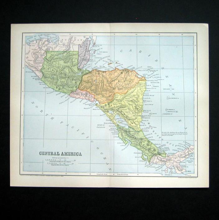 1883 Map Central America w Railways Russell Struthers 19th century lithograph