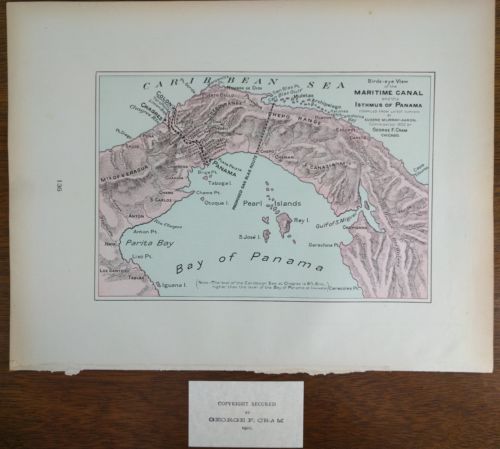 Vintage 1902 (Dated) PANAMA CANAL BIRDS EYE VIEW Map 14