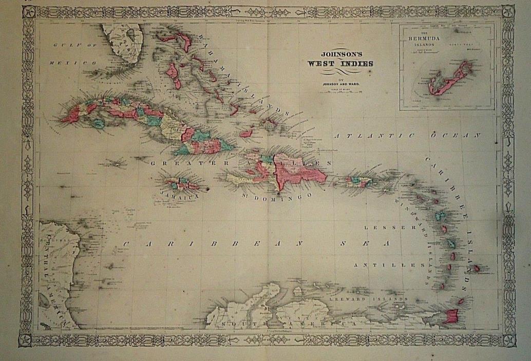 Vintage 1865 WEST INDIES - CARIBBEAN MAP Old Antique Original Atlas Map 41418