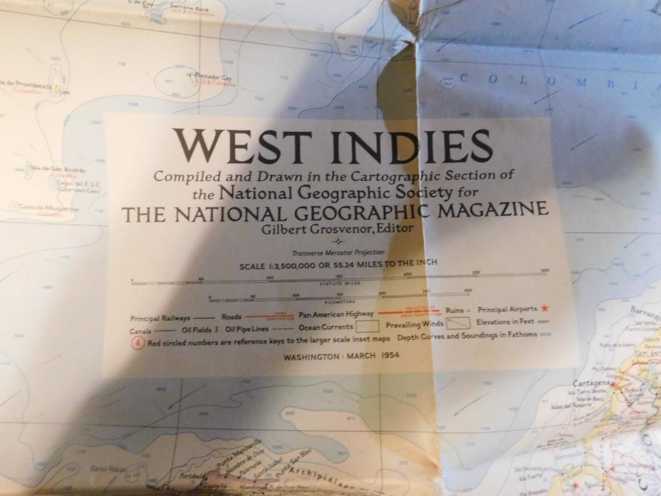 Vintage 1954 Nat. Geo. Map West Indies