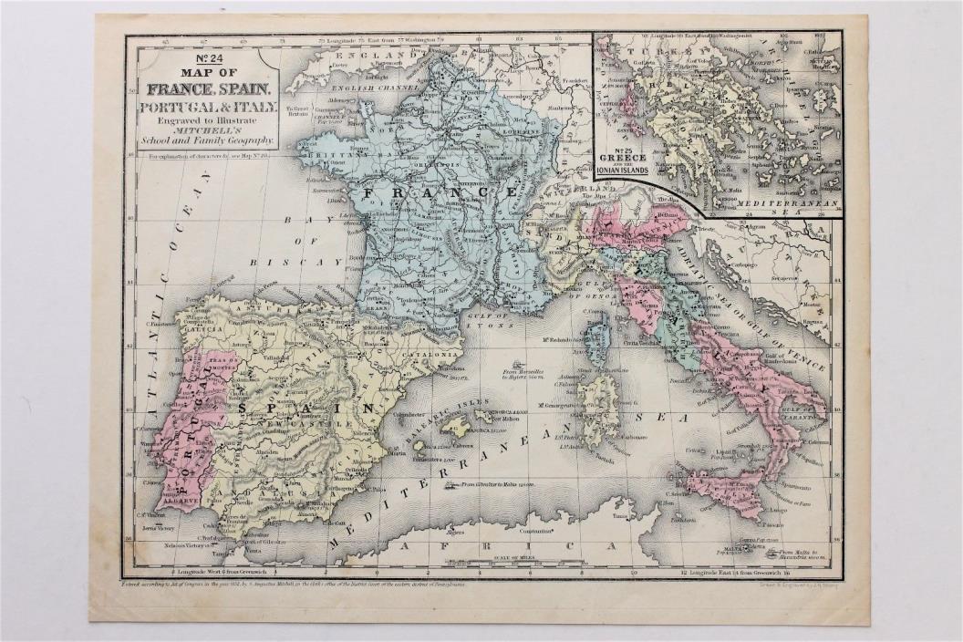 1852 France Spain Map Italy Europe Portugal Sicily Greece Ionian Islands