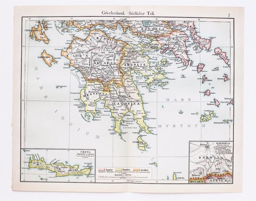 1905 Sparta Greece Southern Part Arcadia Map Attica Athens Crete Original color