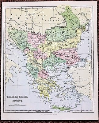 1872 Turkey Greece Map Adriatic Sea Townships Villages HAND-COLORED ORIGINAL