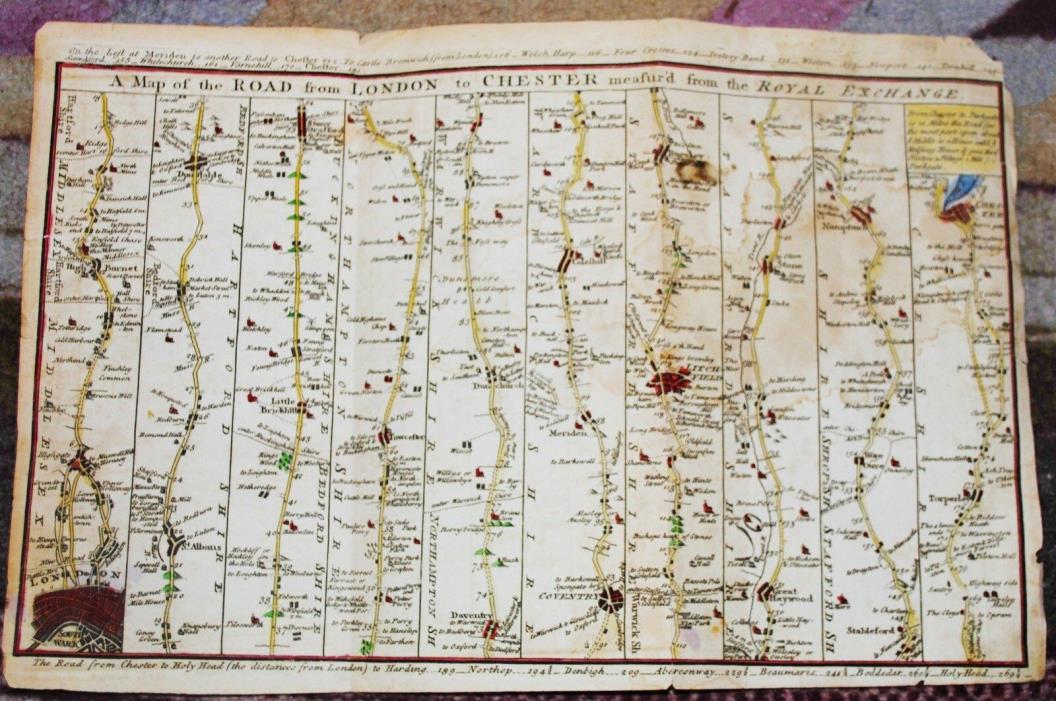 A Map of the Road from London to Chester , Royal Exchange, c1750 FREE SHIPPING