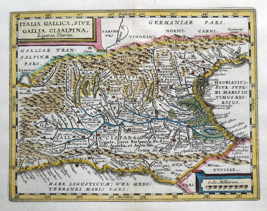 ALPS ITALY Liguria,Piemonte,Veneto,Lombardia, Cluver, Jansson, antique map 1661