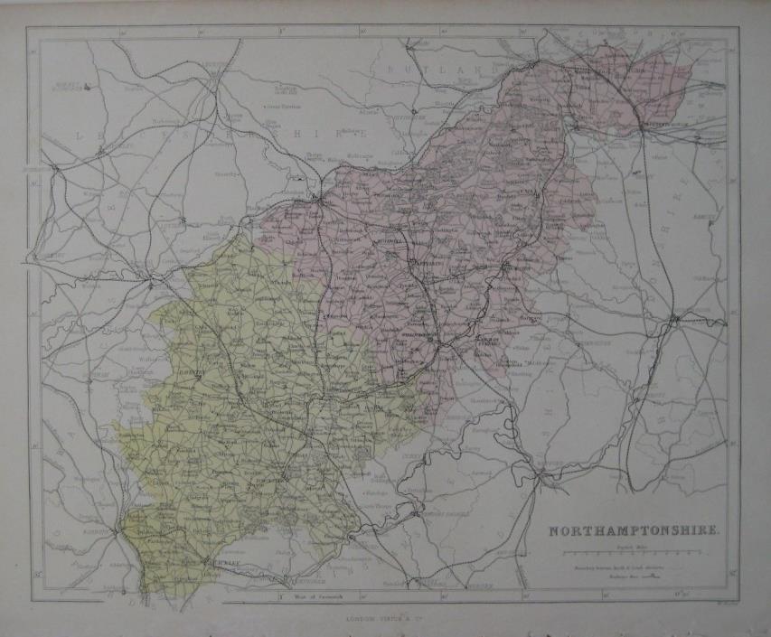 Original 1868 Map NORTHAMPTONSHIRE England Canals Abbeys Daventry Corby Rushden