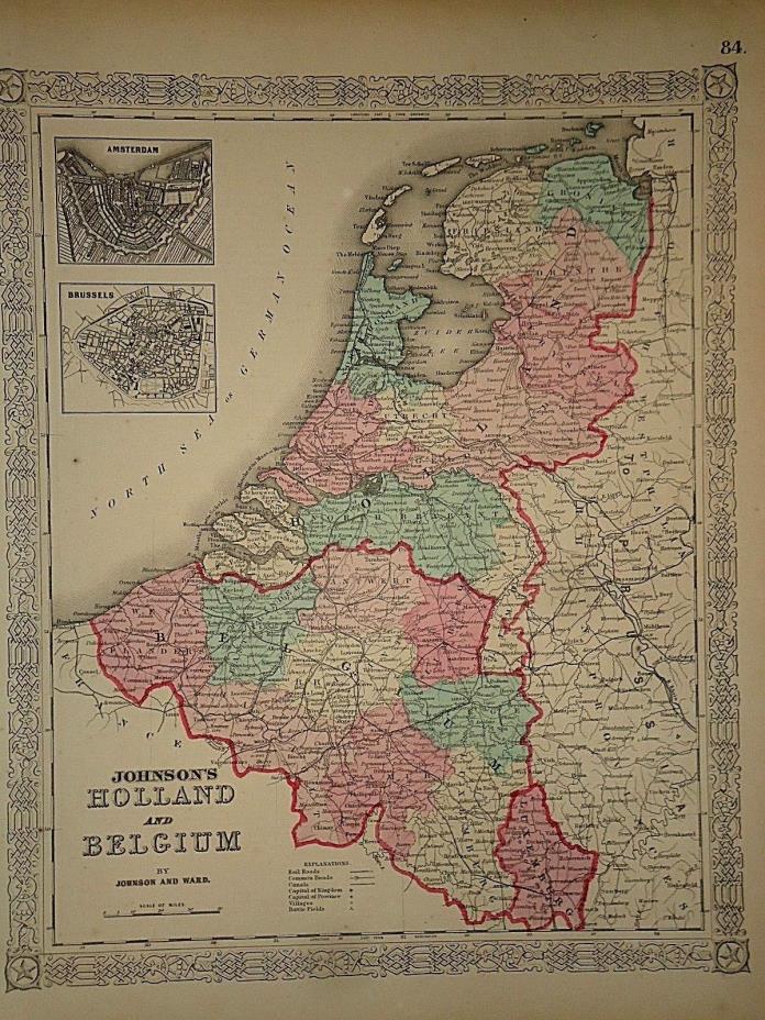 Vintage 1865 HOLLAND - BELGIUM MAP Old Antique Original Atlas Map 41418