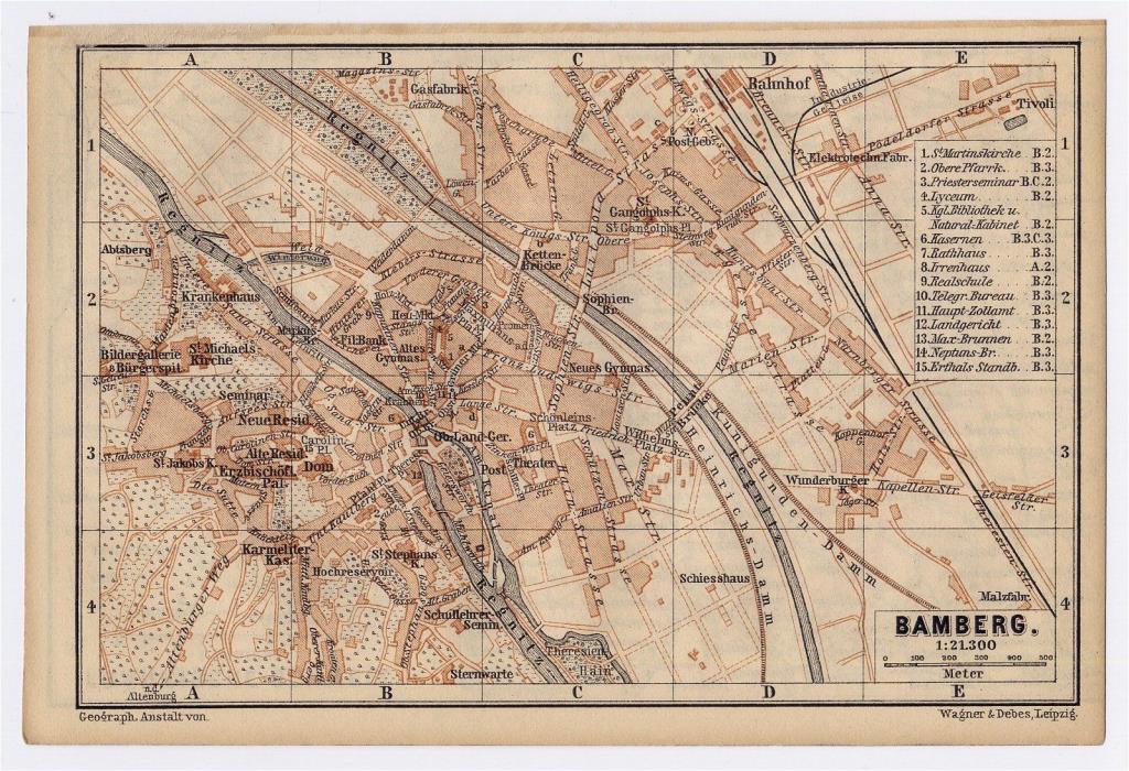 1895 ORIGINAL ANTIQUE MAP OF BAMBERG / BAVARIA GERMANY
